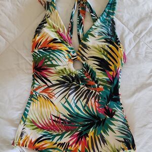Shade & Shore Green and Yellow One Piece Swimsuit with Plunging V-neckline